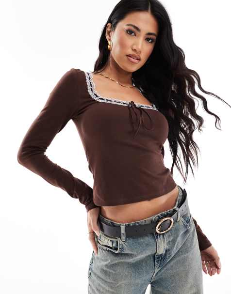 ASOS DESIGN long sleeve rib top with ribbon lace through trim in brown - view 1