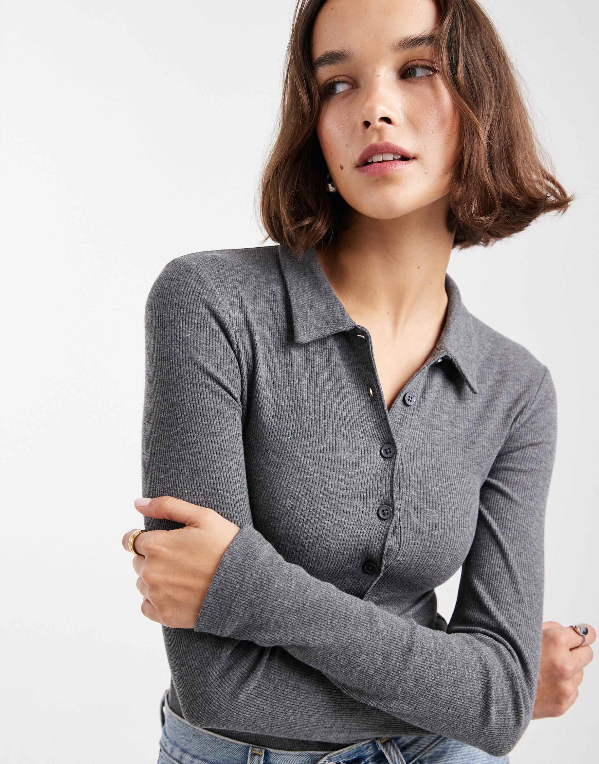 asos design long sleeve ribbed bodysuit with collar in gray heather