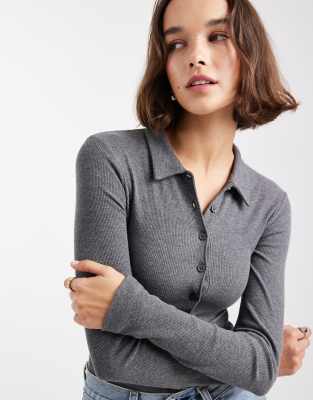 ASOS DESIGN ASOS DESIGN long sleeve ribbed bodysuit with collar in grey marl