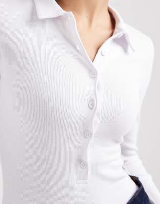 Asos Design Long Sleeve Ribbed Bodysuit With Collar In White