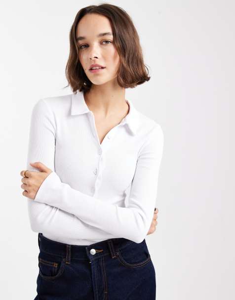 ASOS DESIGN long sleeve ribbed bodysuit with collar white - view 1