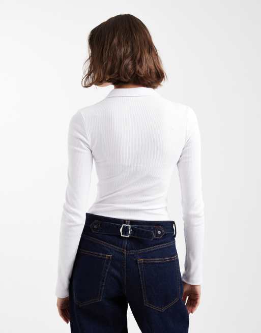 ASOS DESIGN long sleeve ribbed bodysuit with collar white, 4 of 4
