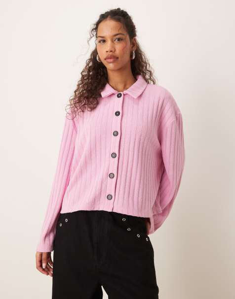 ASOS DESIGN long sleeve ribbed cardigan in pink - view 1