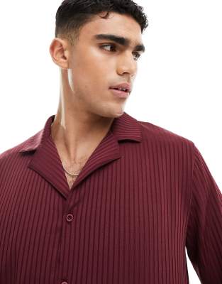 Asos Design Long Sleeve Ribbed Jersey Shirt With Camp Collar In Burgundy-red