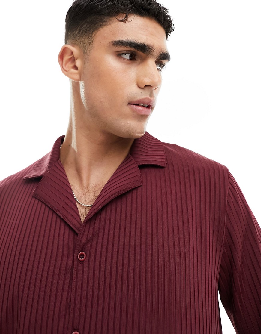 Asos Design Long Sleeve Ribbed Jersey Shirt With Camp Collar In Burgundy-red