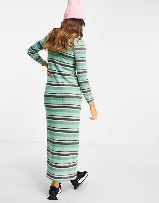 Women long sleeve ribbed maxi dress in green black and pink stripe 