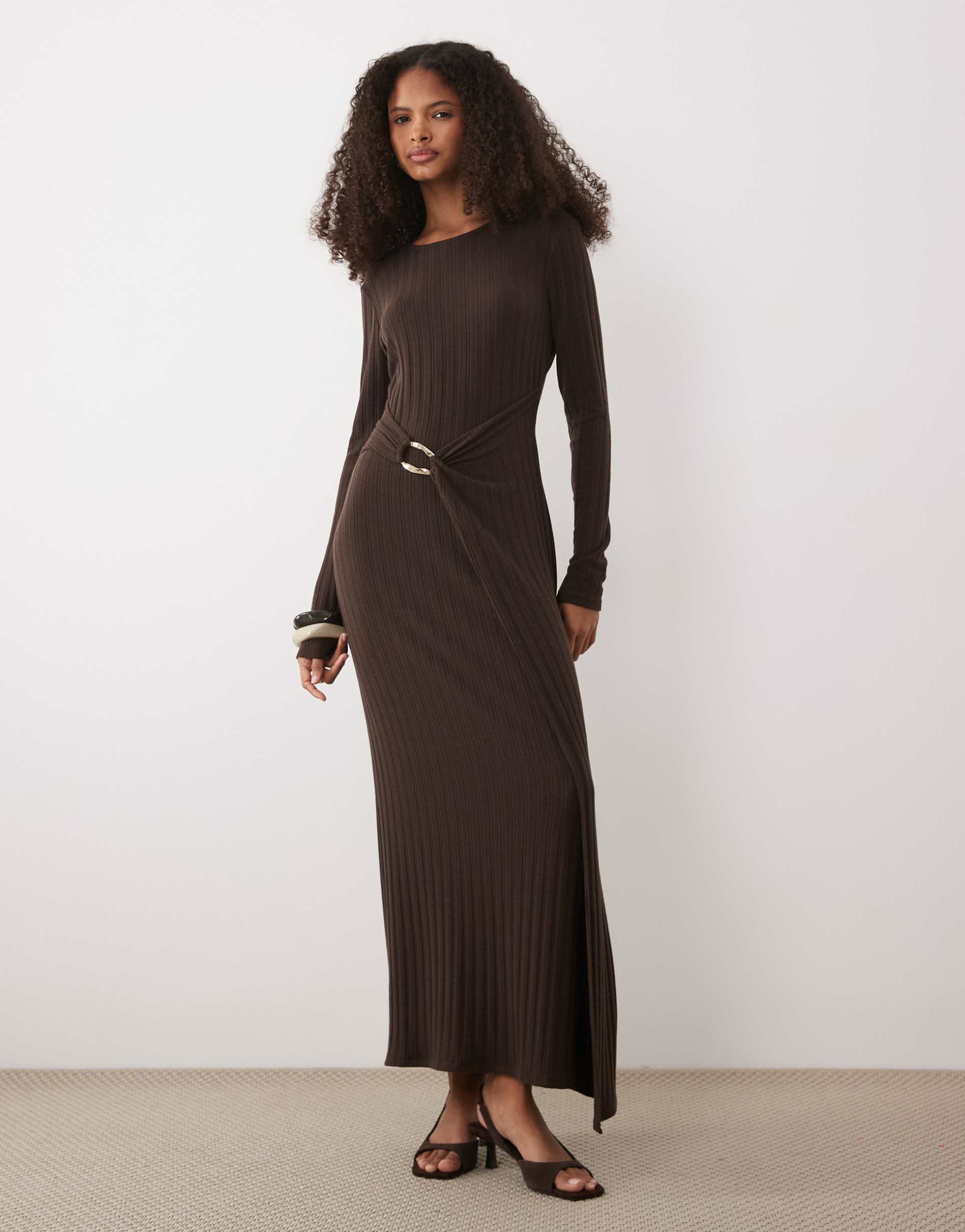 asos design long sleeve ribbed midi dress with hardware wrap detail in chocolate