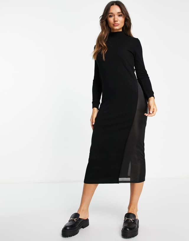 ASOS DESIGN long sleeve ribbed midi dress with satin insert in black