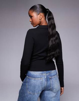 Asos Design Long Sleeve Ribbed Polo Shirt In Black