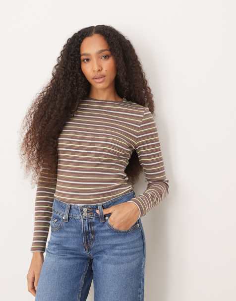 ASOS DESIGN long sleeve ribbed t-shirt in brown stripe - view 1