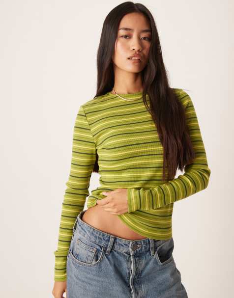 ASOS DESIGN long sleeve ribbed t-shirt in green stripe - view 1