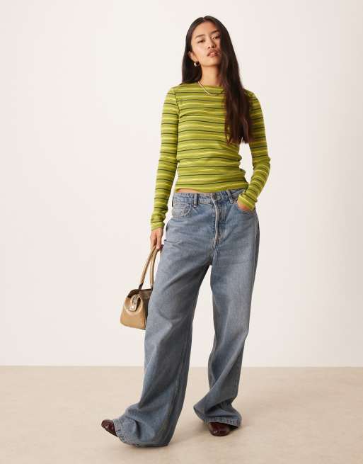 ASOS DESIGN long sleeve ribbed T-shirt in green stripe