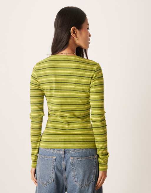 ASOS DESIGN long sleeve ribbed T-shirt in green stripe