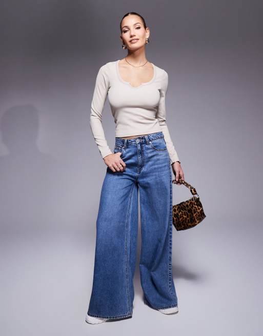 ASOS DESIGN long sleeve ribbed top with notch detail in stone, 2 of 4