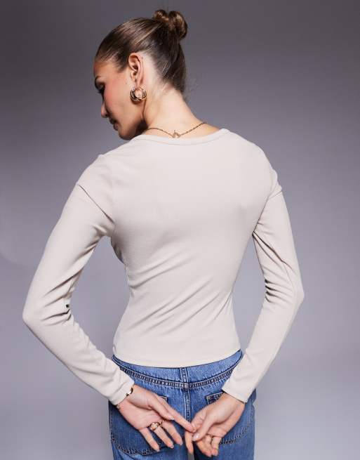 ASOS DESIGN long sleeve ribbed top with notch detail in stone, 4 of 4