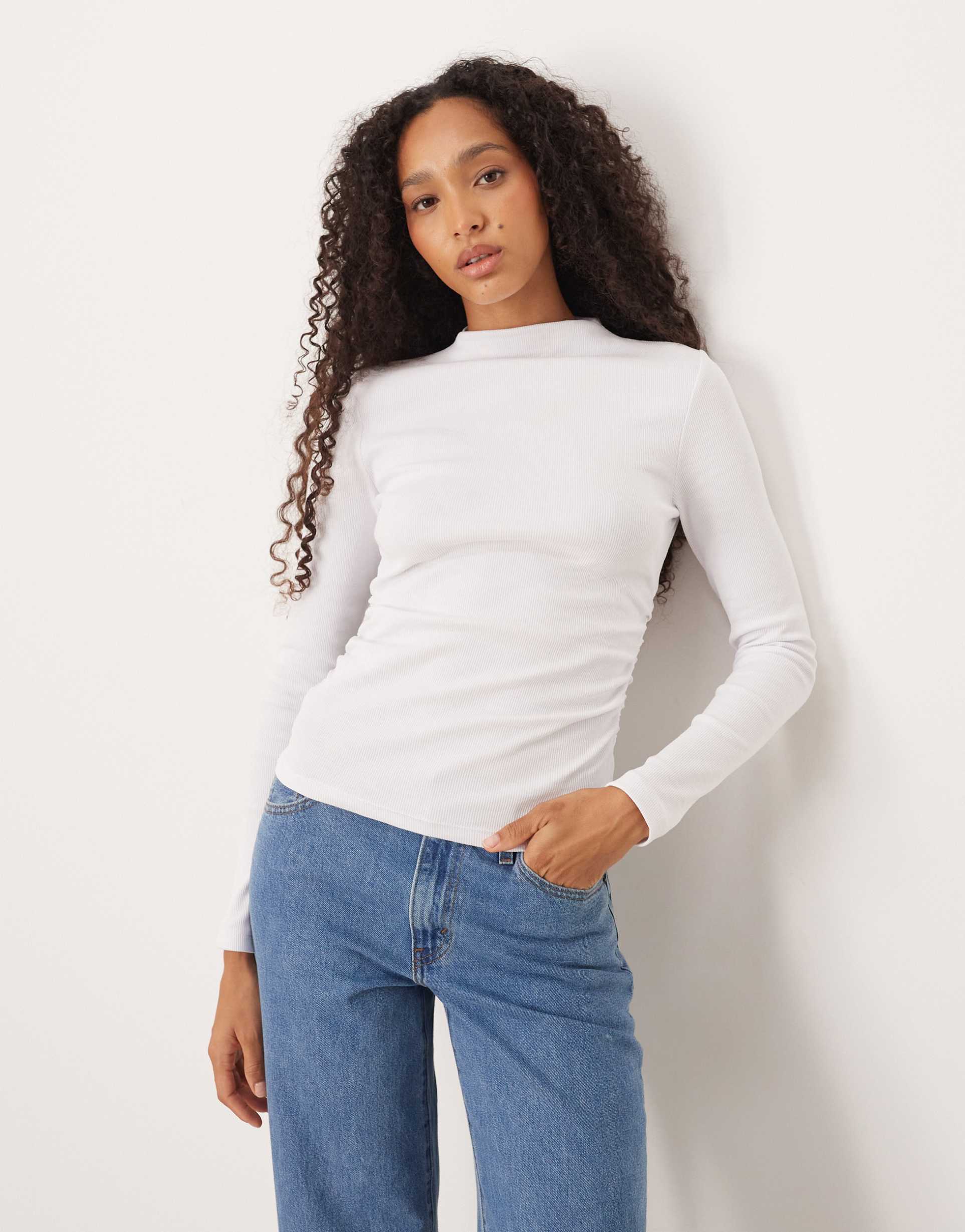 asos design long sleeve ribbed top with ruched detailing in white