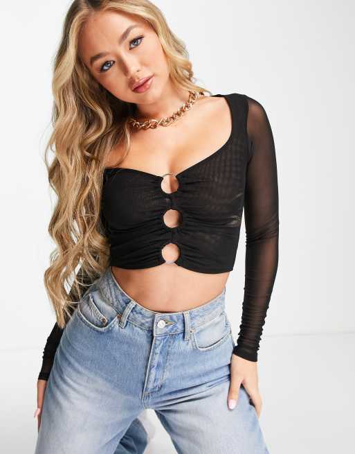 ASOS DESIGN long sleeve ring detail top with scoop neck in black