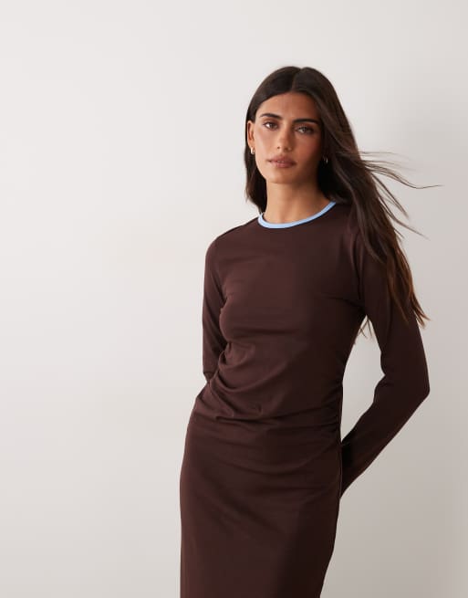 ASOS DESIGN long sleeve ringer detail midi t-shirt dress in chocolate, 2 of 4