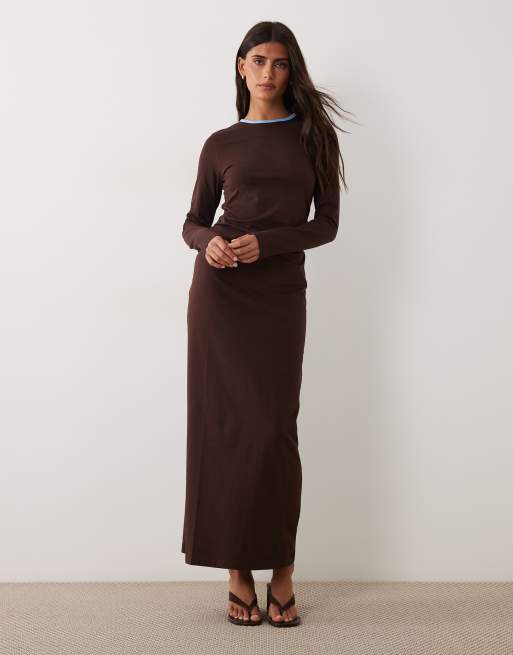 ASOS DESIGN long sleeve ringer detail midi t-shirt dress in chocolate, 3 of 4