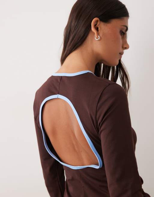 ASOS DESIGN long sleeve ringer detail midi t-shirt dress in chocolate, 4 of 4