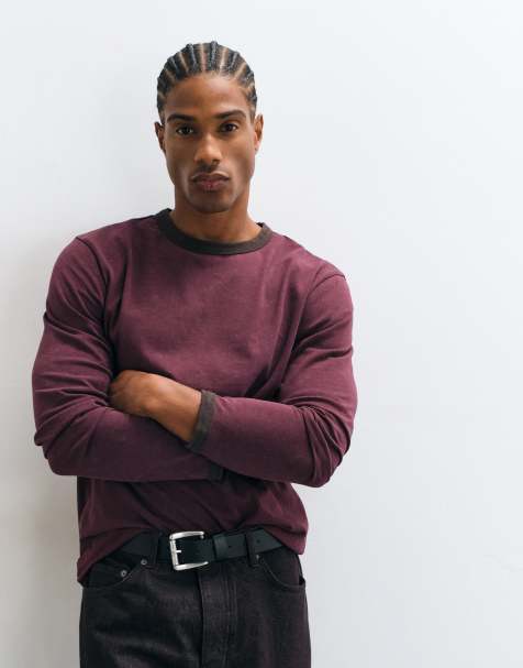 ASOS DESIGN long sleeve ringer t-shirt in washed burgundy - view 1