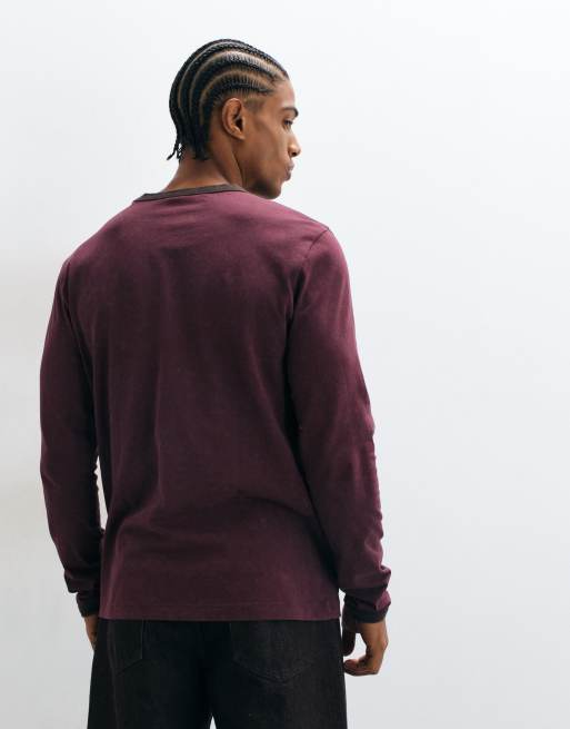 ASOS DESIGN long sleeve ringer t-shirt in washed burgundy, 3 of 5