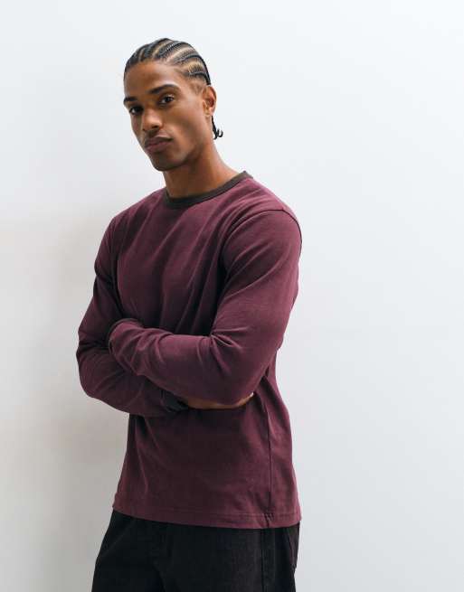 ASOS DESIGN long sleeve ringer t-shirt in washed burgundy, 4 of 5