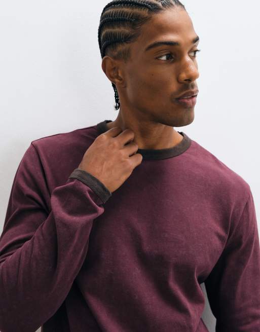 ASOS DESIGN long sleeve ringer t-shirt in washed burgundy, 5 of 5