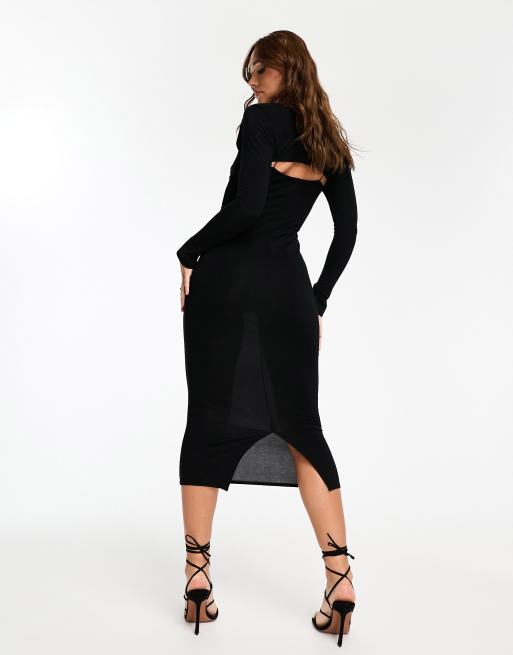ASOS DESIGN long sleeve rouleaux strap cut out midi dress in black | ASOS