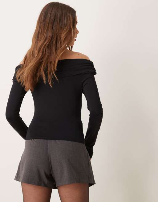 ASOS DESIGN long sleeve ruched bardot top with silver trim detail in black, 3 of 4