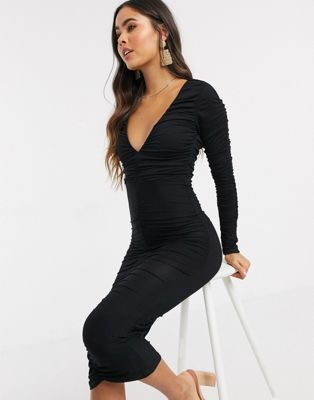 long sleeve ruched bodycon midi dress 