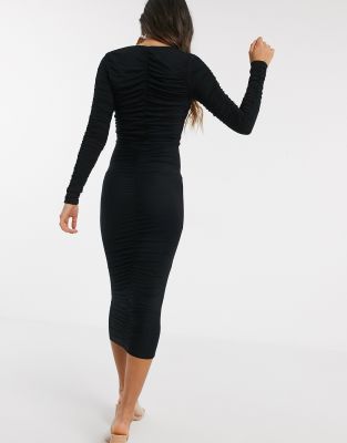 black ruched bodycon midi dress