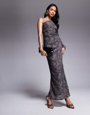 long sleeve ruched burnout maxi dress in gray