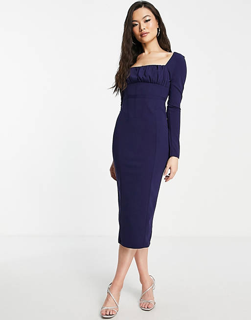 Dresses long sleeve ruched bust corset detail midi dress in dark blue 