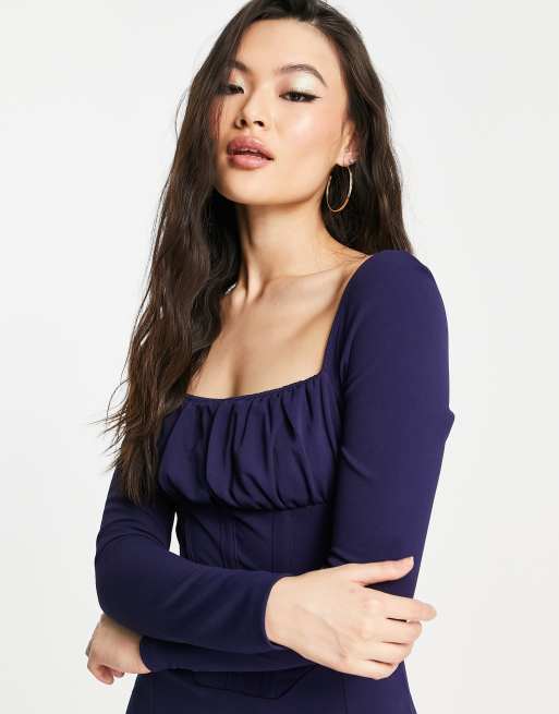 ASOS DESIGN long sleeve ruched bust corset detail midi dress in dark blue, 3 of 4