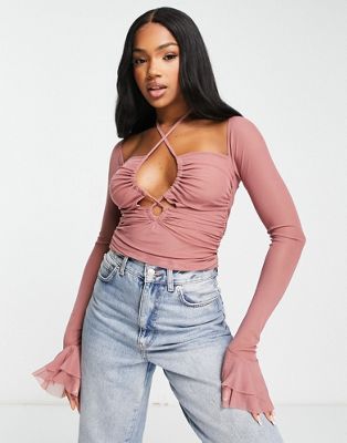 ASOS DESIGN long sleeve ruched channel front top with flared sleeve in plum