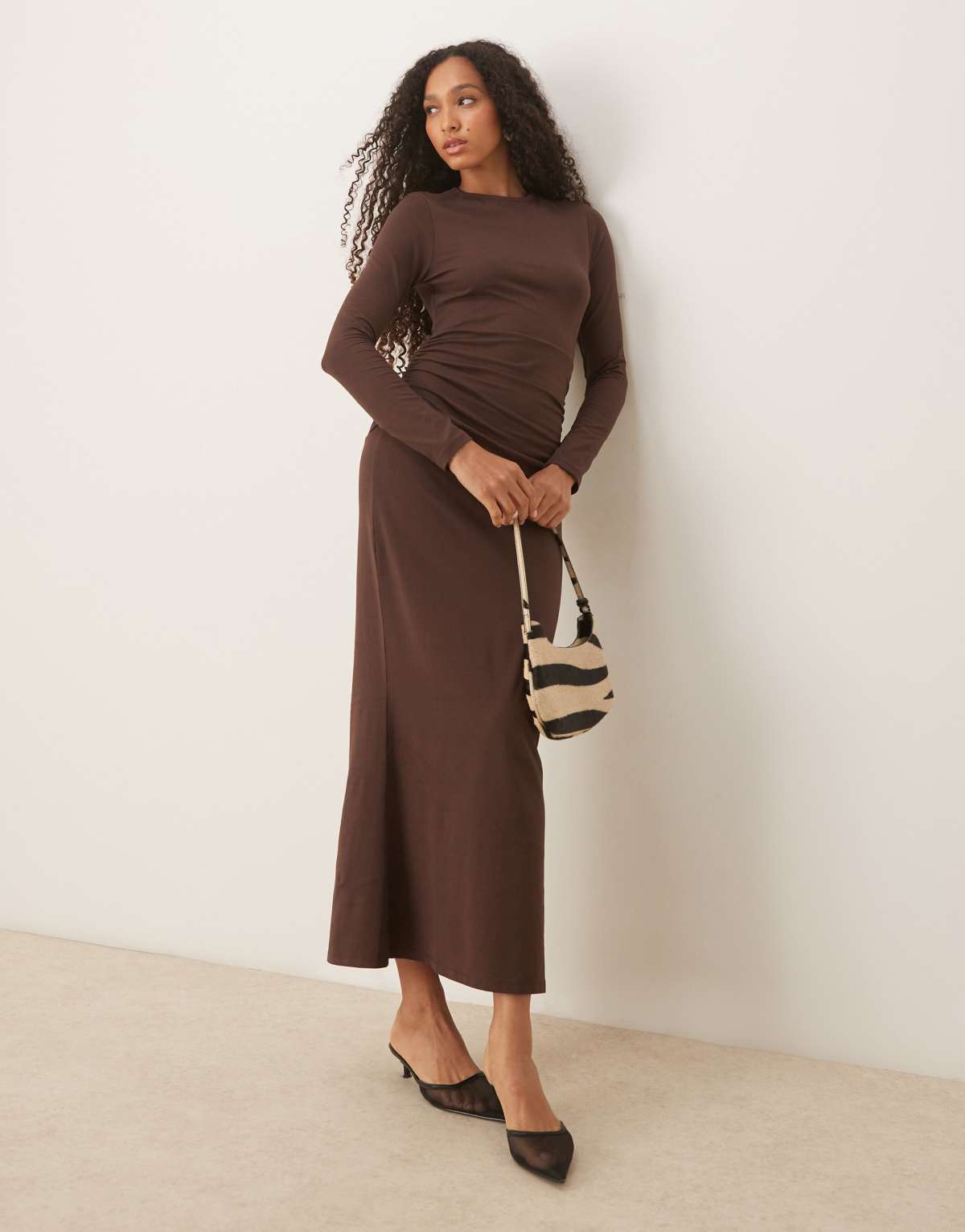 ASOS DESIGN  long sleeve ruched drop waist dress maxi dress in chocolate