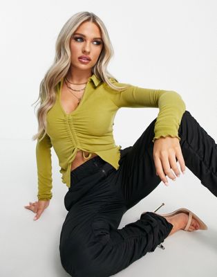 ASOS DESIGN long sleeve ruched front butterfly hem top in olive | ASOS
