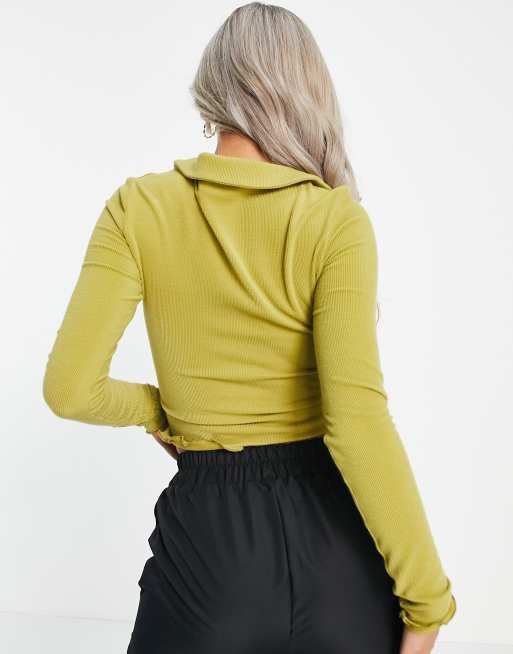 Yellow Jersey Polo Collar Curve Hem Crop Top