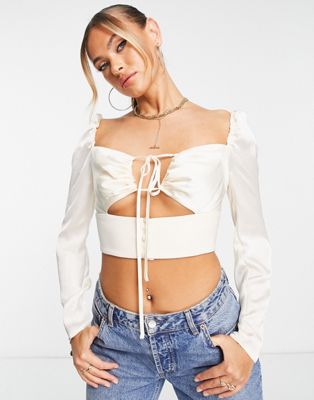ASOS DESIGN long sleeve ruched front crop top with keyhole in cream