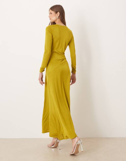 ASOS DESIGN long sleeve ruched knot detail maxi dress in green, 2 of 4