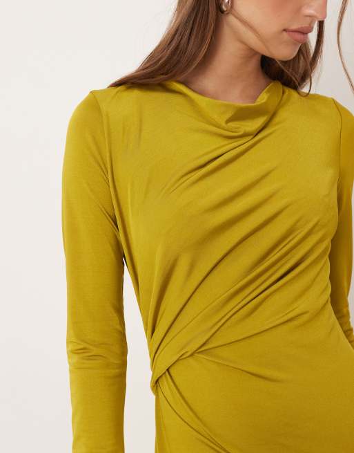 ASOS DESIGN long sleeve ruched knot detail maxi dress in green, 3 of 4
