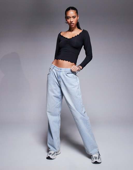OYOANGLE Women’s Off Shoulder Long Sleeve Crop Top – Drawstring Front, Ruched, Lettuce Trim - View #6