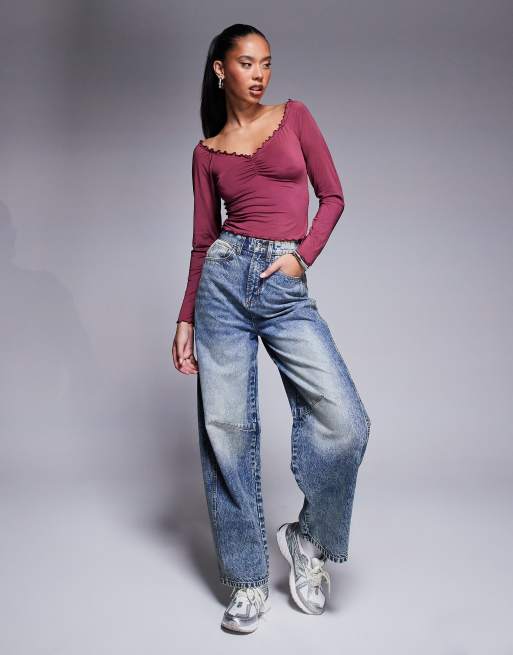 ASOS DESIGN long sleeve ruched lettuce hem top in burgundy