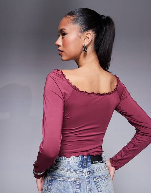 ASOS DESIGN long sleeve ruched lettuce hem top in burgundy