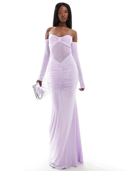 ASOS DESIGN long sleeve ruched maxi dress with mesh panel in lilac