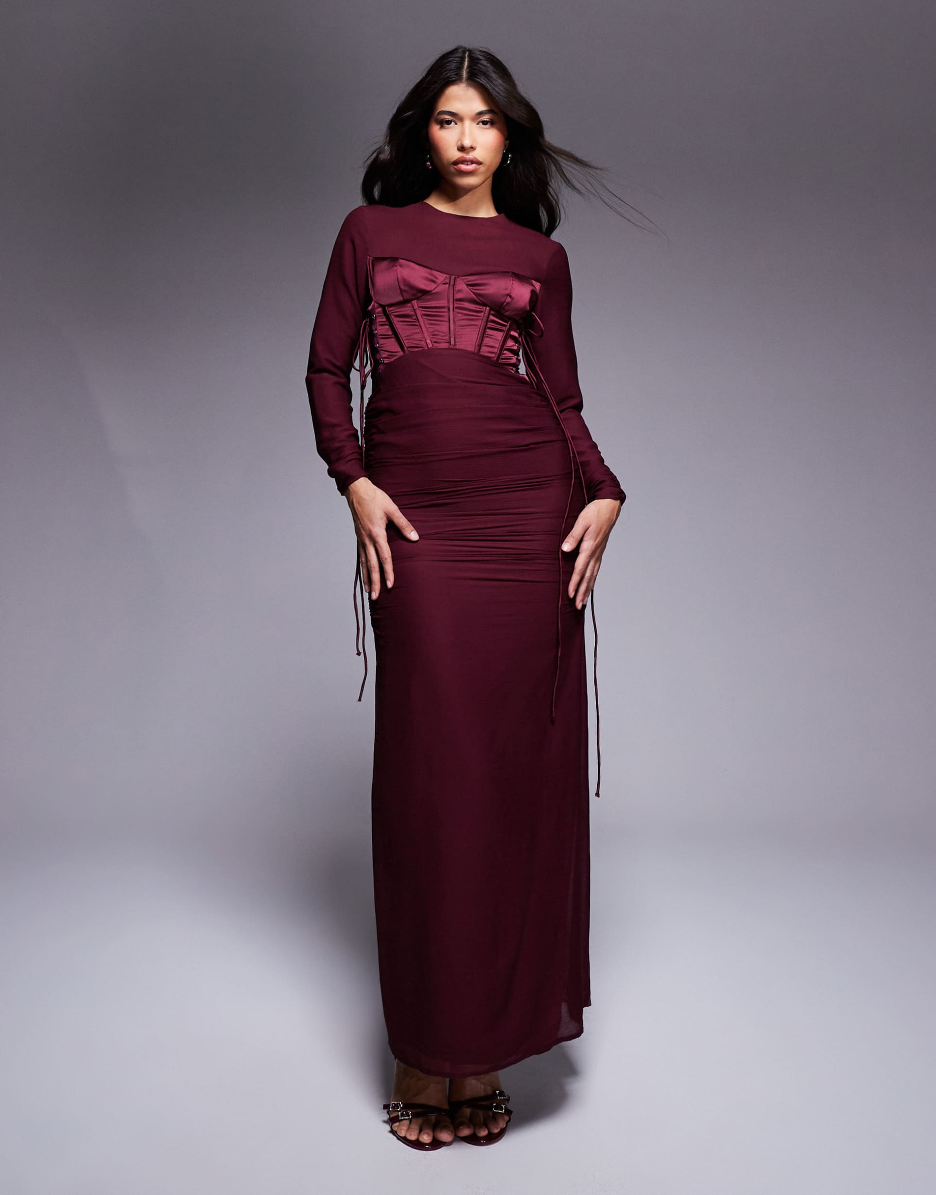 asos design long sleeve ruched maxi dress with satin corset detail in burgundy