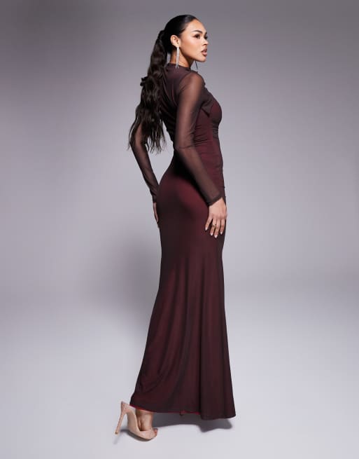 chocolate textured ruched long sleeve midaxi dress Plt Chocolate Textured Ruched Long Sleeve Midaxi Dress