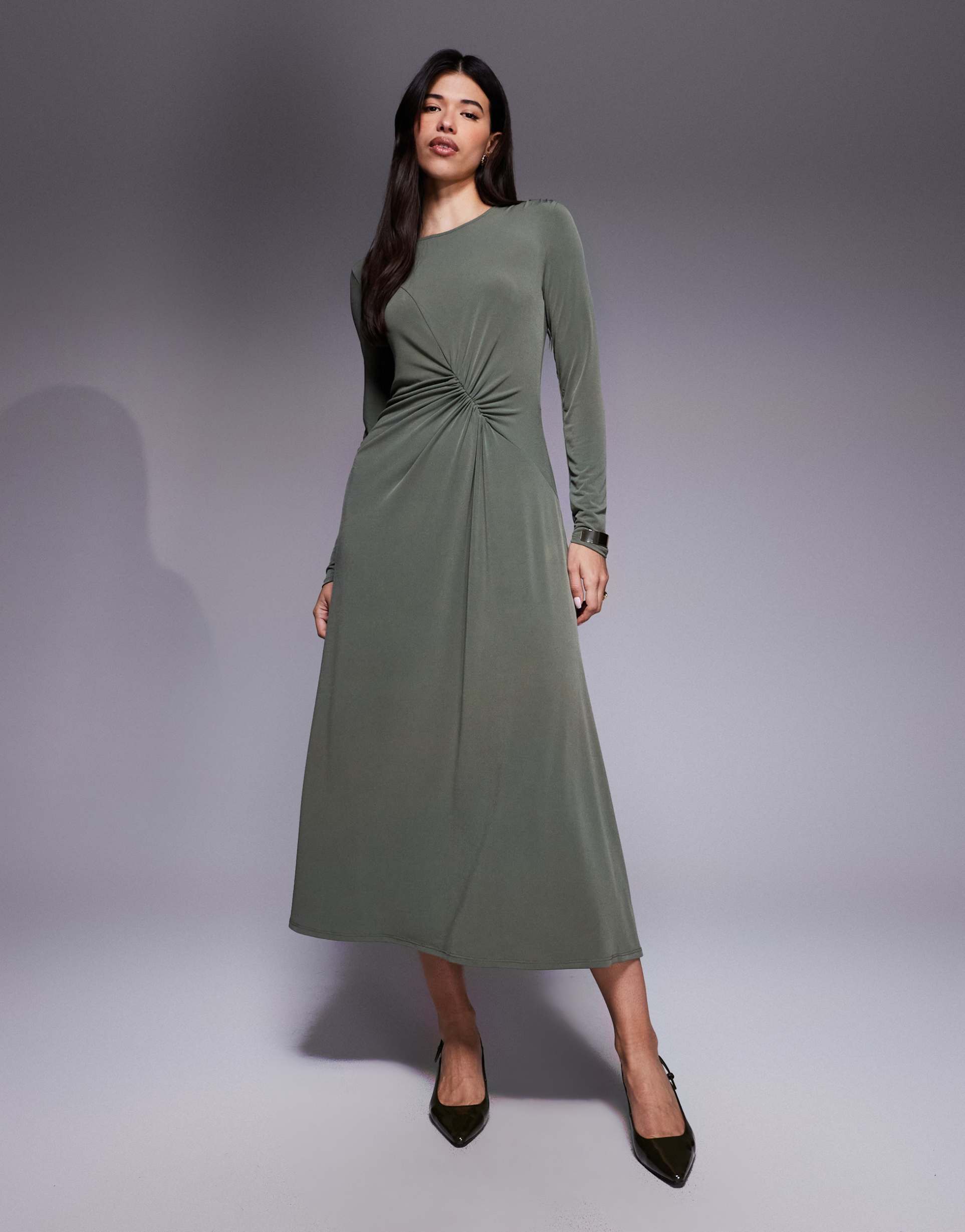 asos design long sleeve ruched midi dress in khaki