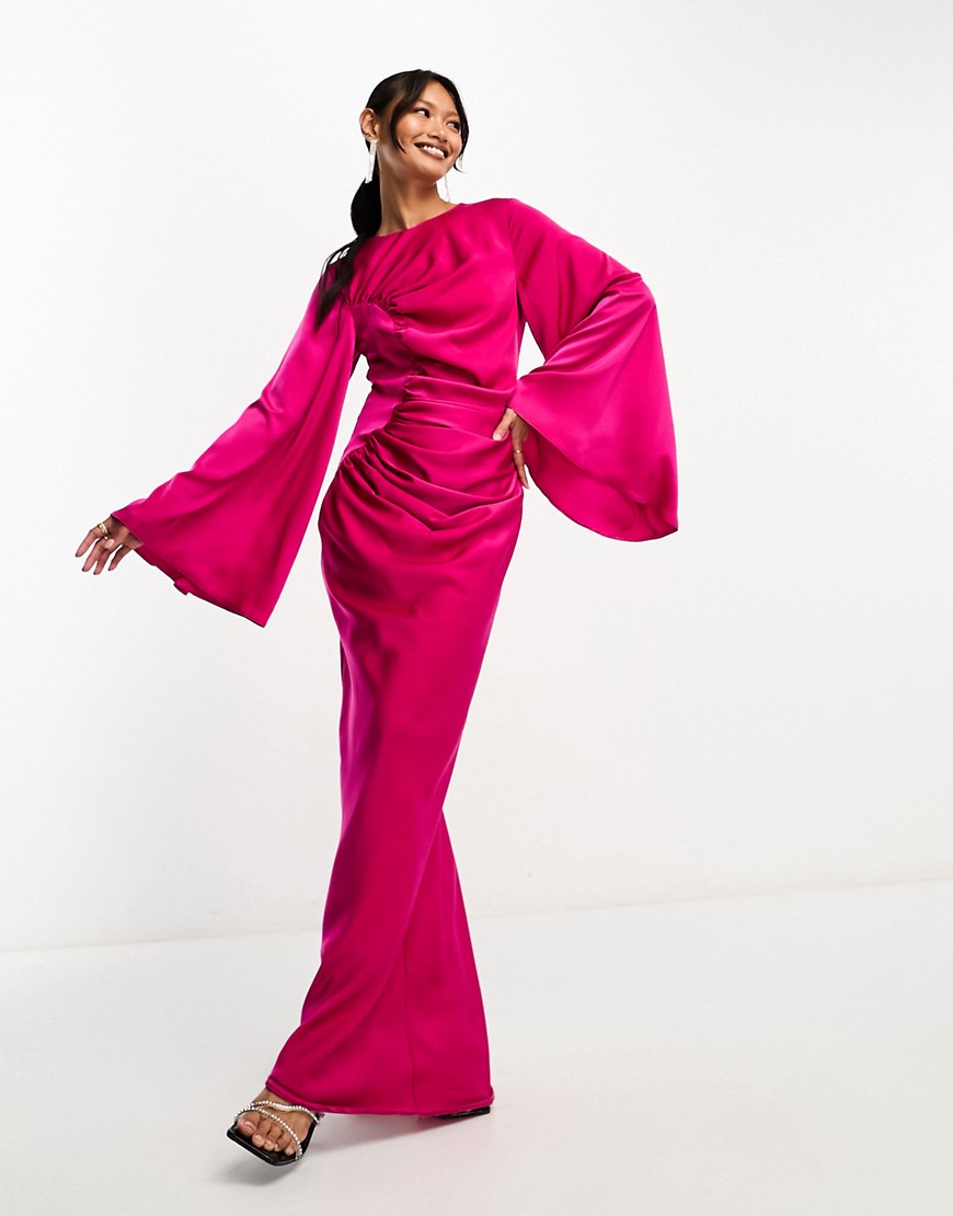ASOS DESIGN long sleeve ruched satin maxi dress in bright pink